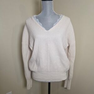 Brochu Walker The Ava Wool Cashmere Lace V-Neck Ribbed Sweater Cream L LWC4118
